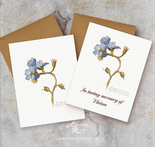 Personalized Forget-Me-Not Sympathy/Get-Well/Birthday Card - Elegant Watercolor Art with Memorial Tribute (Single or Set)