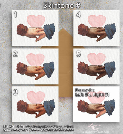 Personalized Hands/Skintones Love Card - Watercolor Hands with Heart Design, Customizable Skin Tones and Special Message (Single or Set)