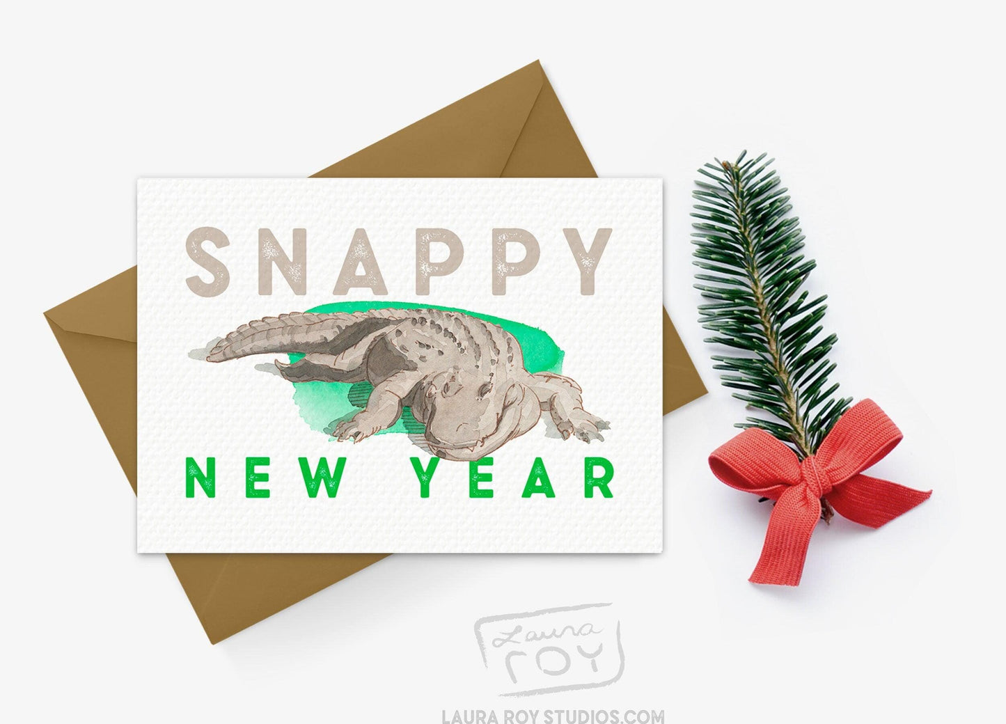 Personalized Snappy New Year Alligator Card -  Watercolor Painting of Chester the Alligator, Customizable New Year Greeting (Single or Set)