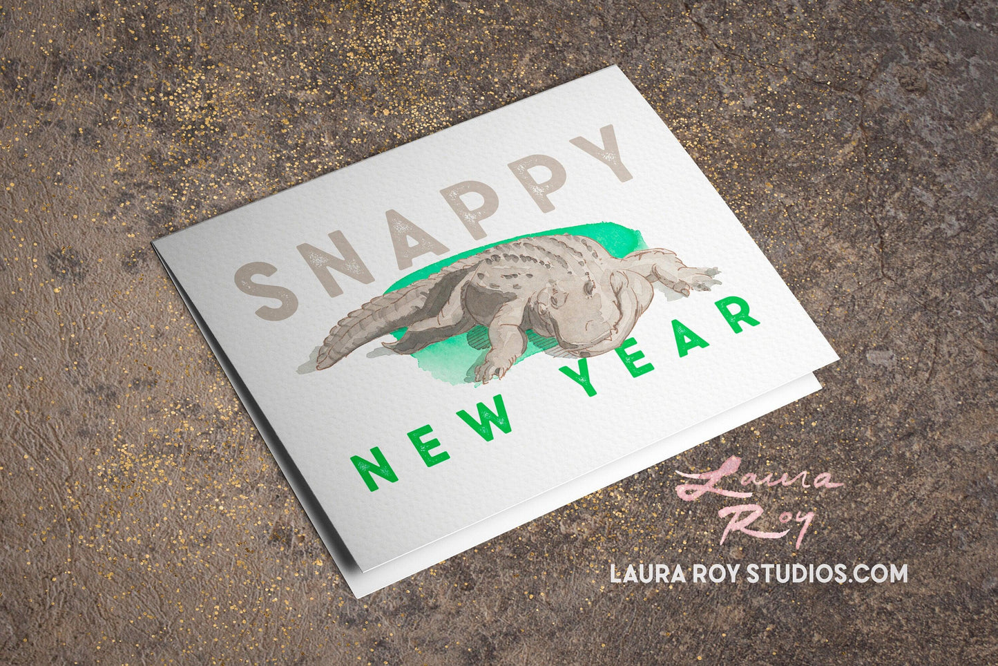 Personalized Snappy New Year Alligator Card -  Watercolor Painting of Chester the Alligator, Customizable New Year Greeting (Single or Set)