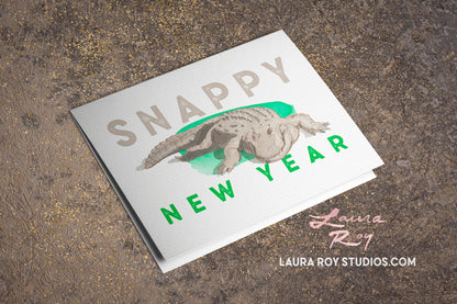 Personalized Snappy New Year Alligator Card -  Watercolor Painting of Chester the Alligator, Customizable New Year Greeting (Single or Set)