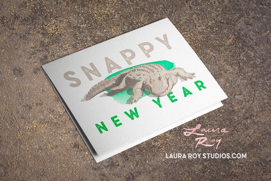 Personalized Snappy New Year Alligator Card -  Watercolor Painting of Chester the Alligator, Customizable New Year Greeting (Single or Set)