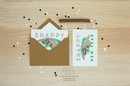 Personalized Snappy New Year Alligator Card -  Watercolor Painting of Chester the Alligator, Customizable New Year Greeting (Single or Set)