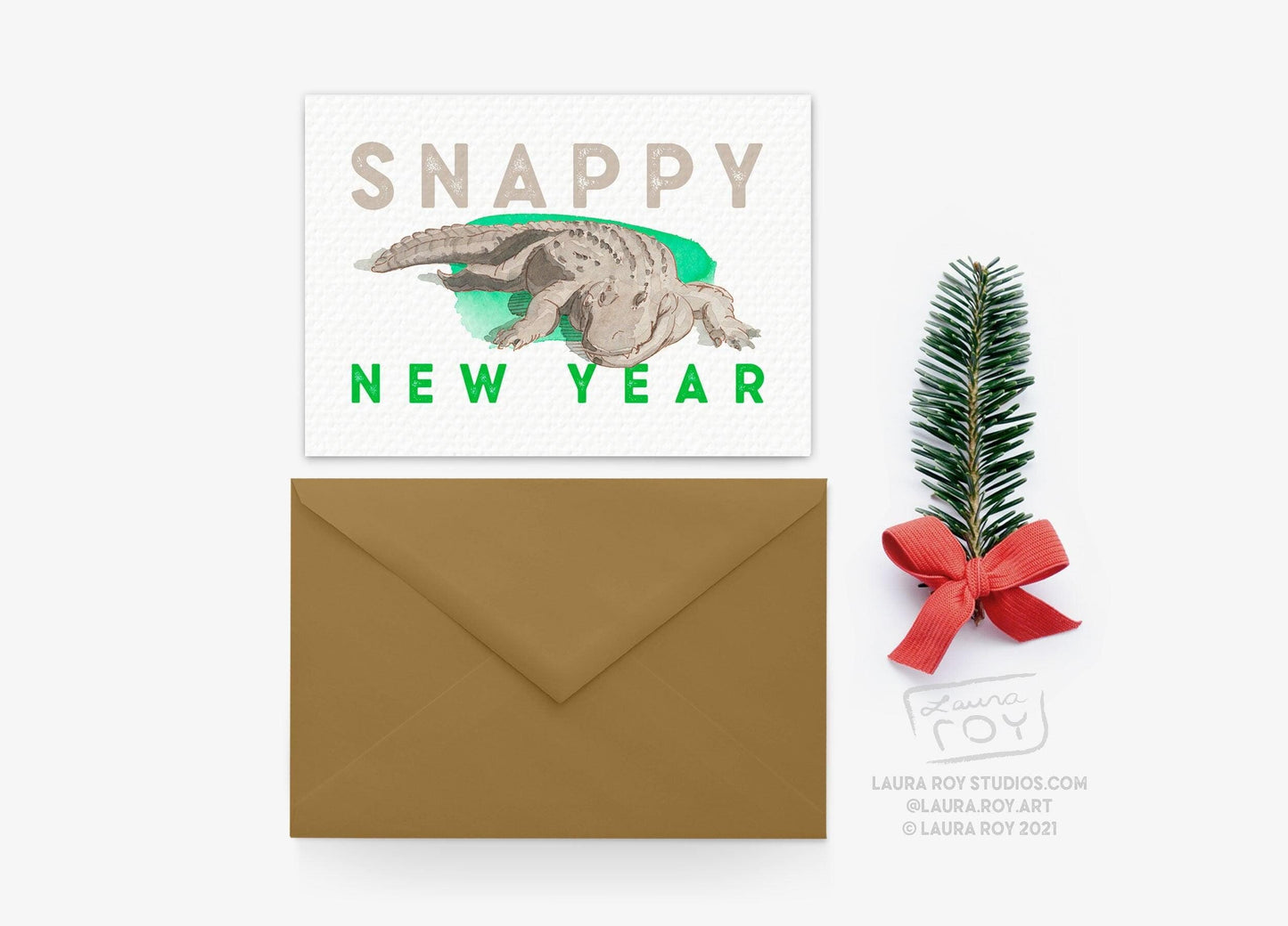 Personalized Snappy New Year Alligator Card -  Watercolor Painting of Chester the Alligator, Customizable New Year Greeting (Single or Set)