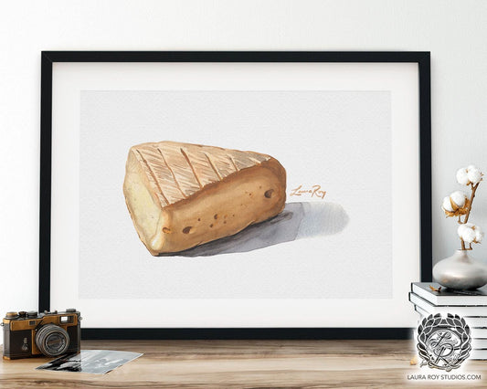 Watercolor Soft-Ripened Cheese Wedge Art Print  Creamy Gourmet Cheese Wall Decor, Food Illustration Print