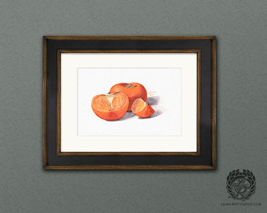 Watercolor Persimmon Art Print  Autumn Fruit Wall Decor, Orange Still Life Illustration, Food Art for Kitchen
