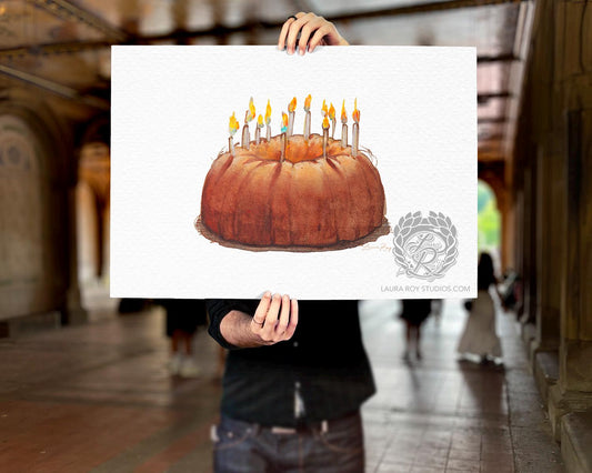 Watercolor Pound Cake Birthday Art Print  Whimsical Cake Illustration with Candles, Celebration Kitchen Decor