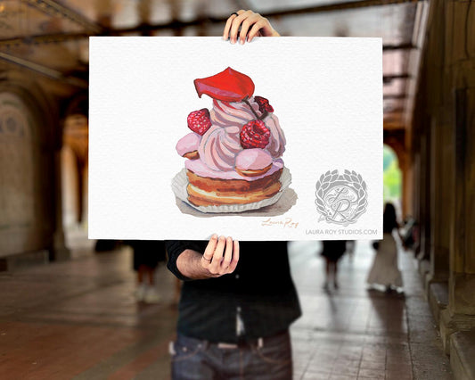 Watercolor Raspberry Rose Pastry Art Print  St. Honoré Dessert Wall Art, Patisserie-Inspired Kitchen Print