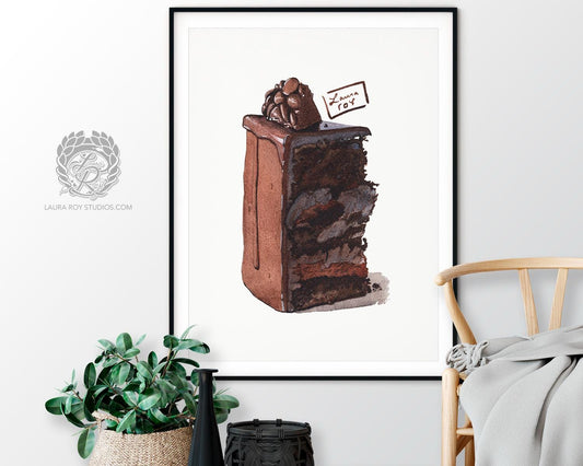 Chocolate Cake Slice Watercolor Art Print  Decadent Dessert Illustration, Bakery Wall Art