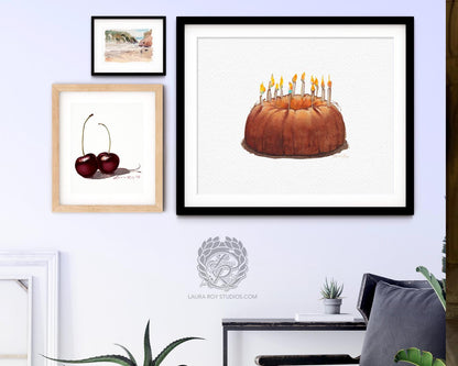 Watercolor Pound Cake Birthday Art Print  Whimsical Cake Illustration with Candles, Celebration Kitchen Decor