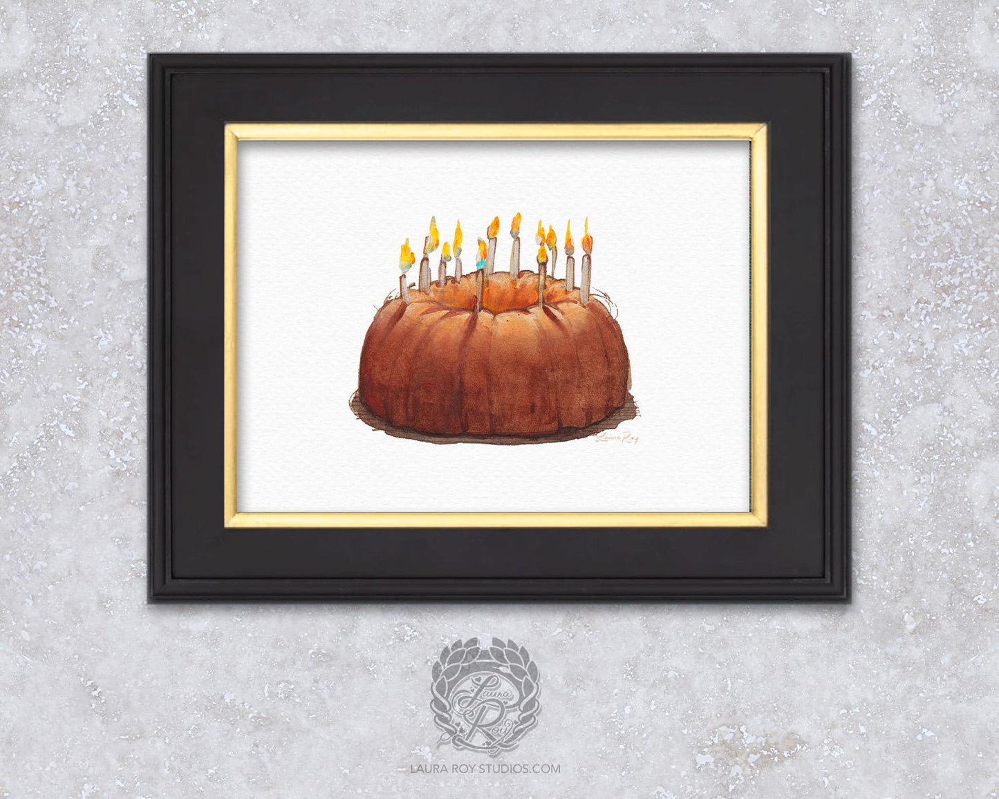 Watercolor Pound Cake Birthday Art Print  Whimsical Cake Illustration with Candles, Celebration Kitchen Decor