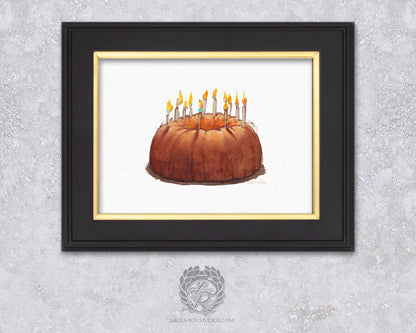 Watercolor Pound Cake Birthday Art Print  Whimsical Cake Illustration with Candles, Celebration Kitchen Decor