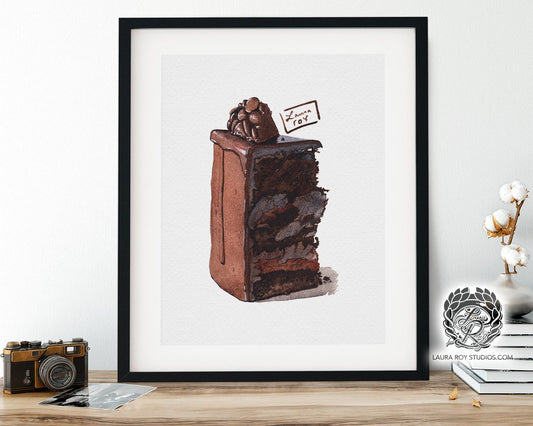 Chocolate Cake Slice Watercolor Art Print  Decadent Dessert Illustration, Bakery Wall Art