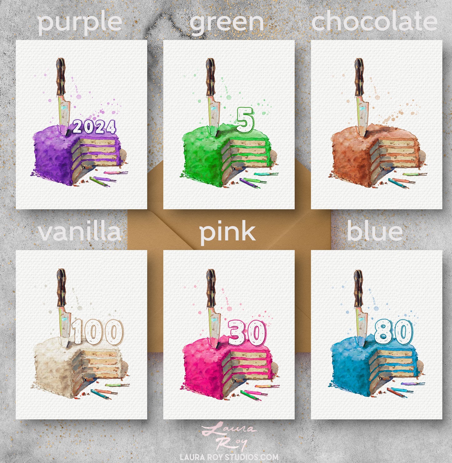 Personalized Sliced Cake with Number Birthday Card‚ Watercolor Cake with Candles, Customizable Number (Single or Set)