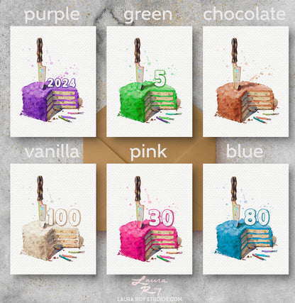 Personalized Sliced Cake with Number Birthday Card‚ Watercolor Cake with Candles, Customizable Number (Single or Set)
