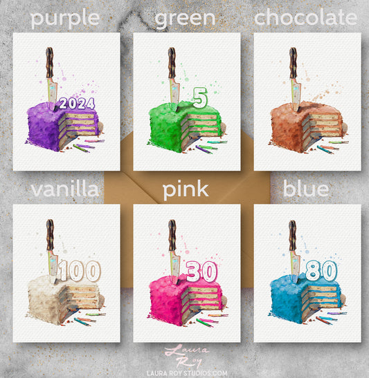Personalized Sliced Cake with Number Birthday Card‚ Watercolor Cake with Candles, Customizable Number (Single or Set)