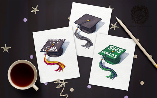Personalized Watercolor Mortarboard Graduation Card - Decorated Cap with Custom Tassel Color and Message (Single or Set)