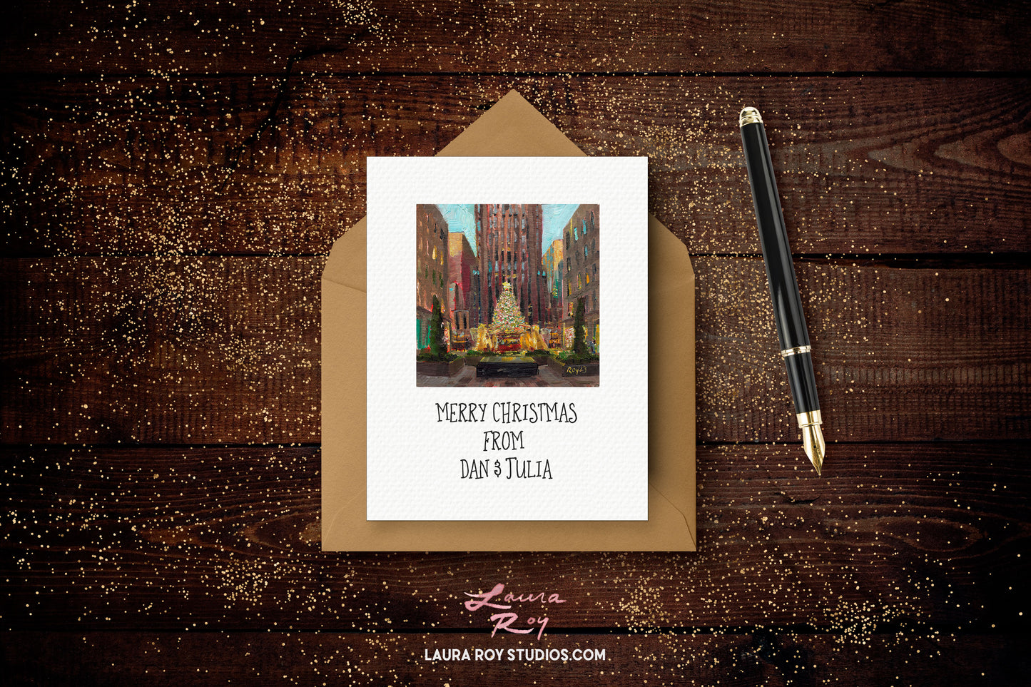 Personalized NYC Rockefeller Christmas Tree Card ‚Äì Oil Painting of Rockefeller Center Tree at Dawn, Customizable Holiday Greeting (Single or Set)