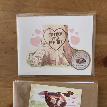 Personalized Heart Tree Trunk Card - Watercolor Artwork with Pink Hearts for Valentine's Day, Weddings, or Anniversaries (Single or Set)