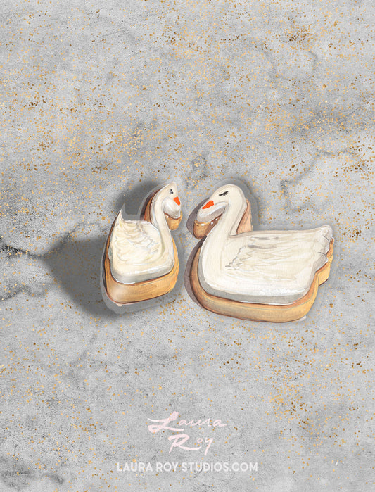 Watercolor Sticker: Swans Frosted Sugar Cookies - Transparent Vinyl, Waterproof, 3.5 inch