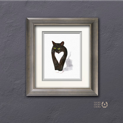Tuxedo Cat with Heart Watercolor | Giclée Print