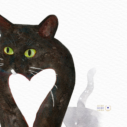 Tuxedo Cat with Heart Watercolor | Giclée Print