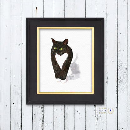 Tuxedo Cat with Heart Watercolor | Giclée Print