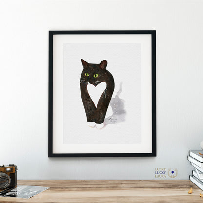 Tuxedo Cat with Heart Watercolor | Giclée Print