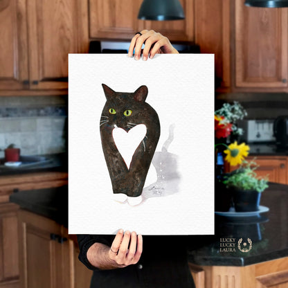 Tuxedo Cat with Heart Watercolor | Giclée Print