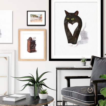 Tuxedo Cat with Heart Watercolor | Giclée Print