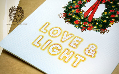 Personalized Wreath Holiday Card: Red Bow and Lights Wreath Christmas Card