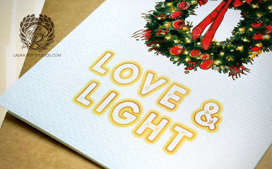 Personalized Wreath Holiday Card: Red Bow and Lights Wreath Christmas Card
