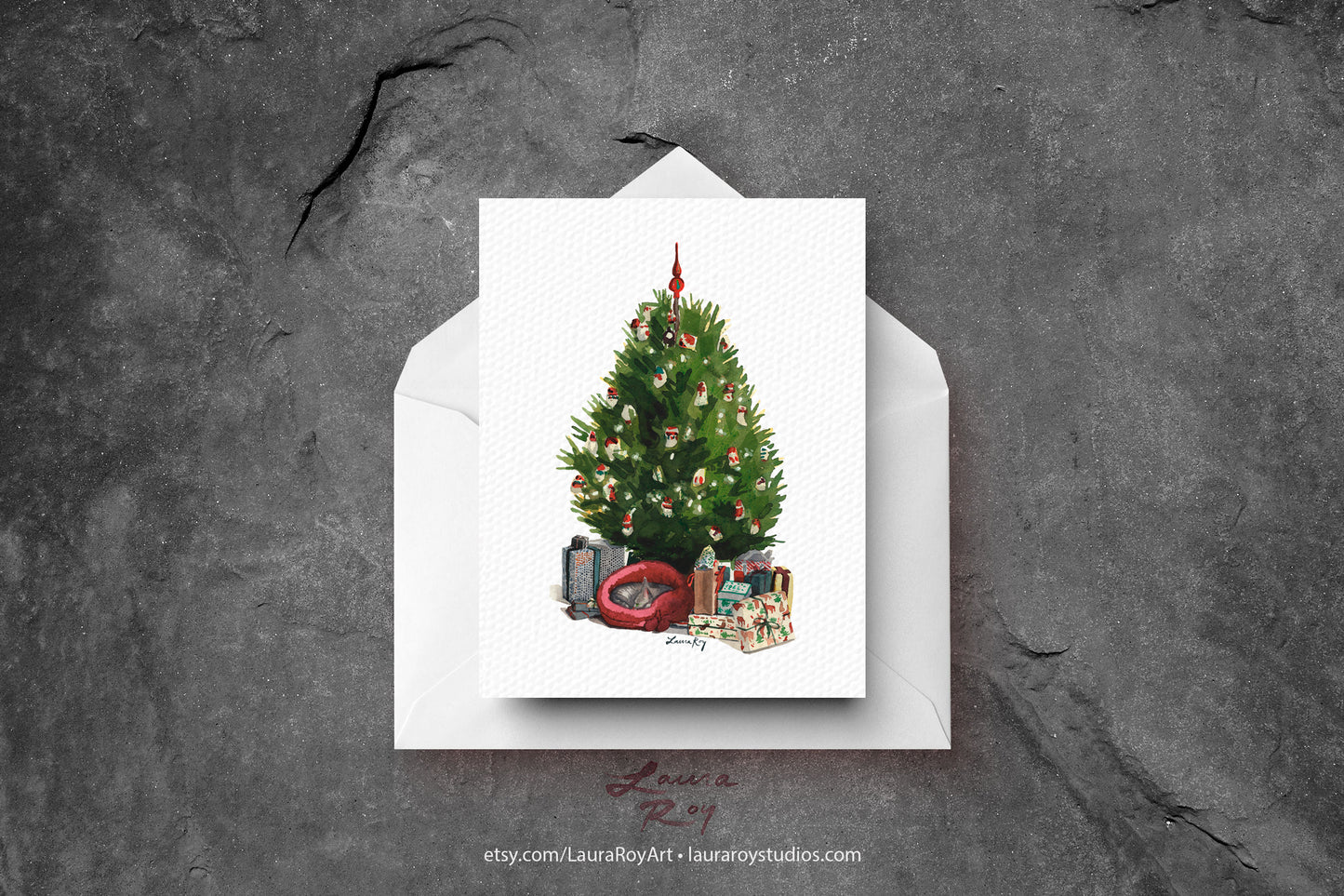 Personalized Christmas Tree with Cat - Cozy Watercolor Holiday Scene with Gifts and Cat, Customizable Greeting (Single or Set)