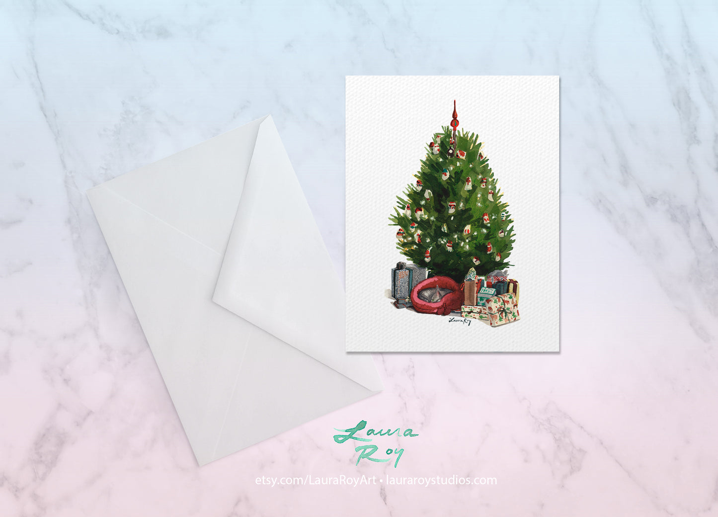 Personalized Christmas Tree with Cat - Cozy Watercolor Holiday Scene with Gifts and Cat, Customizable Greeting (Single or Set)