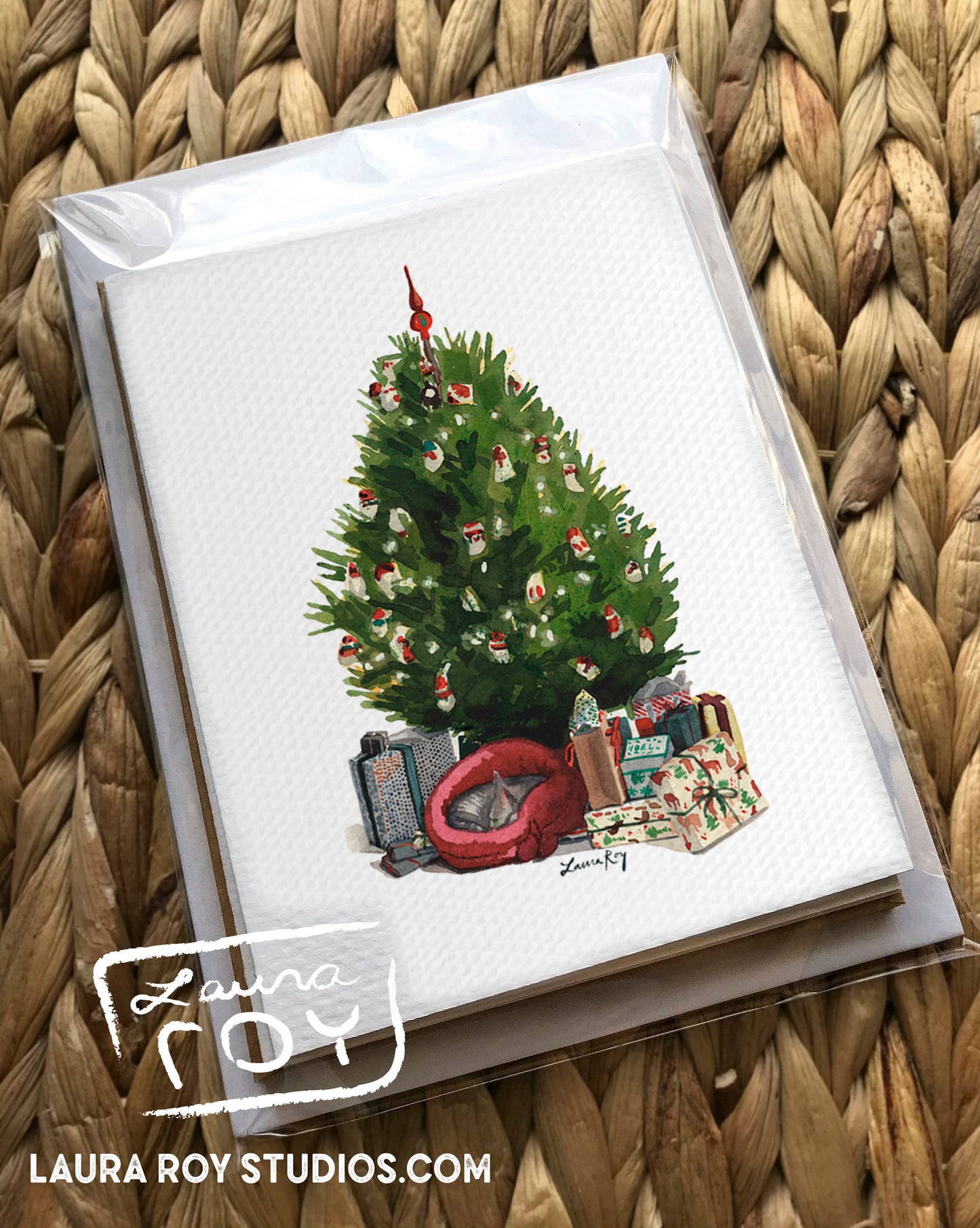 Personalized Christmas Tree with Cat - Cozy Watercolor Holiday Scene with Gifts and Cat, Customizable Greeting (Single or Set)