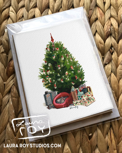 Personalized Christmas Tree with Cat - Cozy Watercolor Holiday Scene with Gifts and Cat, Customizable Greeting (Single or Set)