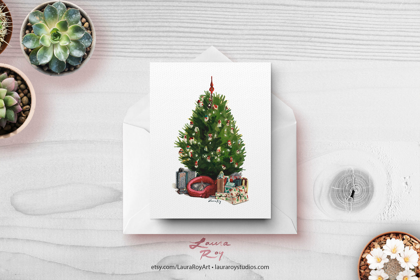 Personalized Christmas Tree with Cat - Cozy Watercolor Holiday Scene with Gifts and Cat, Customizable Greeting (Single or Set)