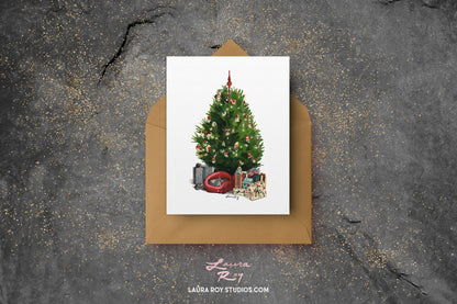 Personalized Christmas Tree with Cat - Cozy Watercolor Holiday Scene with Gifts and Cat, Customizable Greeting (Single or Set)