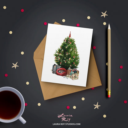 Personalized Christmas Tree with Cat - Cozy Watercolor Holiday Scene with Gifts and Cat, Customizable Greeting (Single or Set)