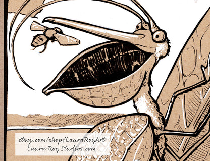 Pelican Katydid Whimsical Pen + Ink Giclée Print