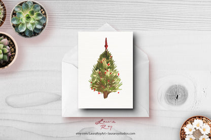 Personalized Watercolor Christmas Tree Card: Freshly Cut Tree with Red Ornaments, Customizable Holiday Greeting (Single or Set)