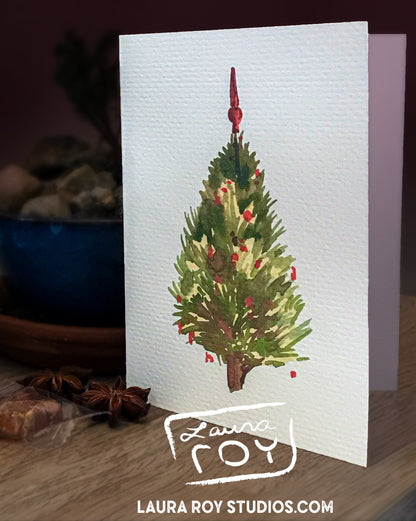 Personalized Watercolor Christmas Tree Card: Freshly Cut Tree with Red Ornaments, Customizable Holiday Greeting (Single or Set)
