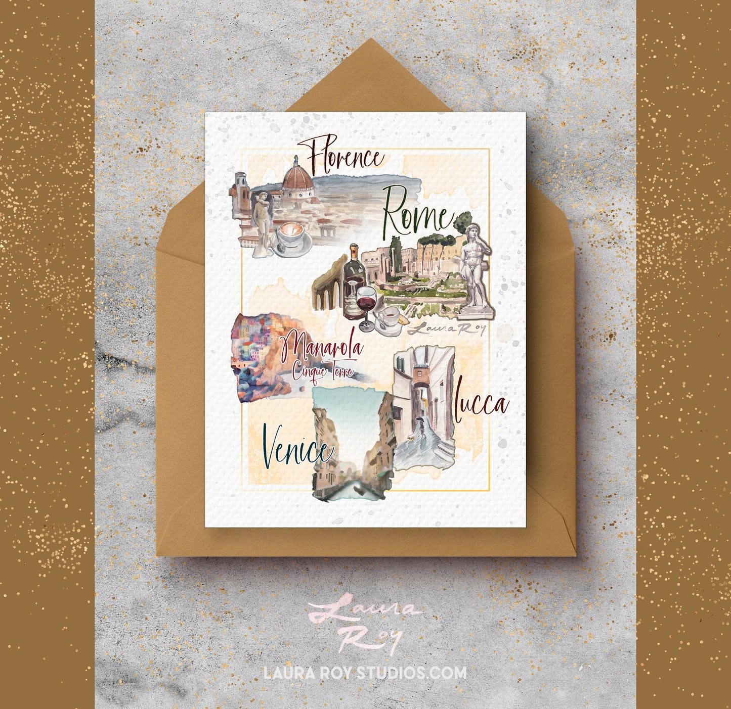 Italy Travel Card with Personalized Message - Watercolor Florence, Rome, Venice, Cinque Terre, Lucca for Weddings, Honeymoons & Trips (Single or Set)