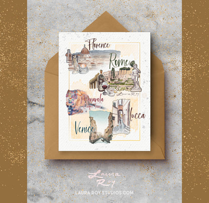 Italy Travel Card with Personalized Message - Watercolor Florence, Rome, Venice, Cinque Terre, Lucca for Weddings, Honeymoons & Trips (Single or Set)