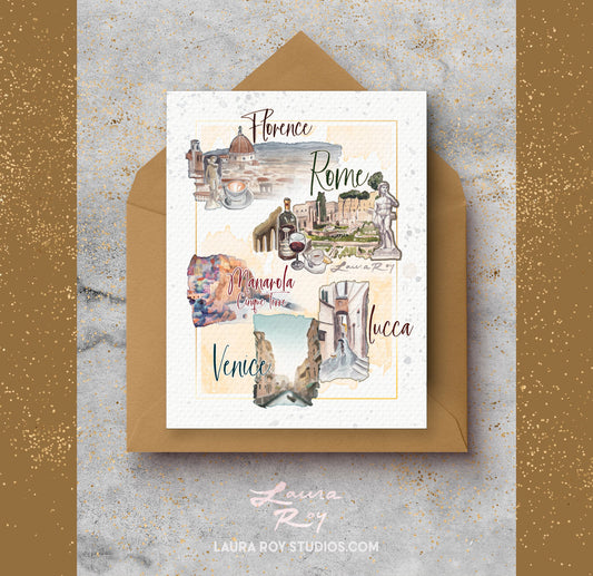 Italy Travel Card with Personalized Message - Watercolor Florence, Rome, Venice, Cinque Terre, Lucca for Weddings, Honeymoons & Trips (Single or Set)