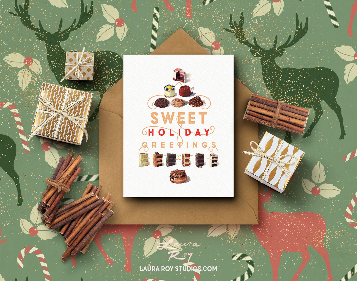 Personalized Sweets Tree Card - Watercolor Cookies & Treats in Christmas Tree Shape, Customizable Holiday Greeting (Single or Set)