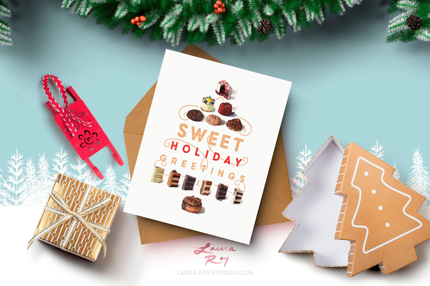 Personalized Sweets Tree Card - Watercolor Cookies & Treats in Christmas Tree Shape, Customizable Holiday Greeting (Single or Set)