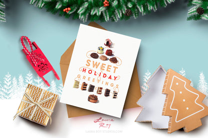 Personalized Sweets Tree Card - Watercolor Cookies & Treats in Christmas Tree Shape, Customizable Holiday Greeting (Single or Set)