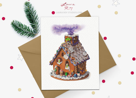 Personalized Gingerbread House Card - Watercolor Festive Gingerbread House with Candy Animals, Customizable Holiday Greeting (Single or Set)