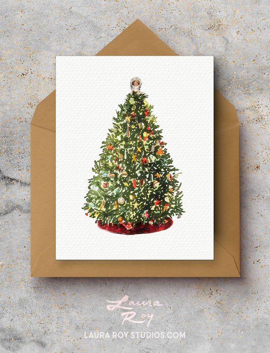 Personalized Decorated Tree Card - Christmas Tree Watercolor with Velvet Skirt & Angel, Customizable Holiday Greeting (Single or Set)